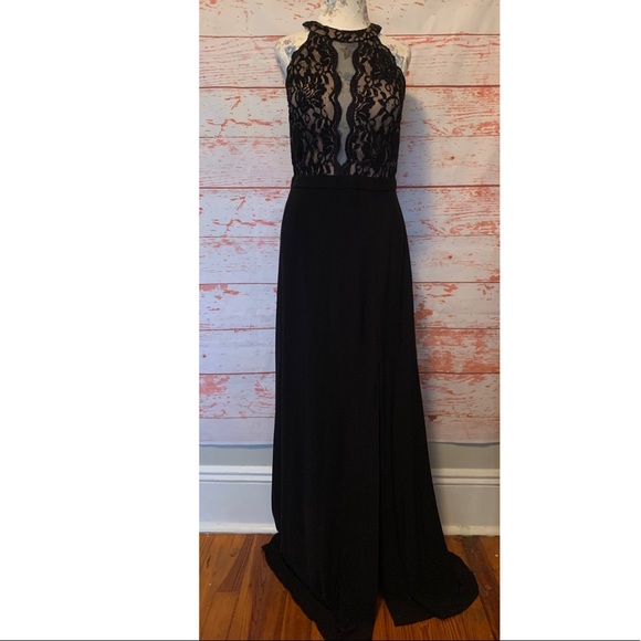 LIKE NEW! High Neck Illusion Plunging Lace Gown - Picture 3 of 11